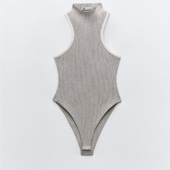 Zara Tops - Zara taupe beige Gray Ribbed racer front racerback womens Bodysuit NWT sz large